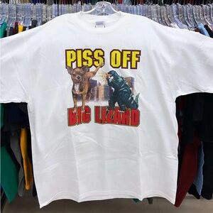 Hanes White Graphic Tee with Chihuahua and Godzilla